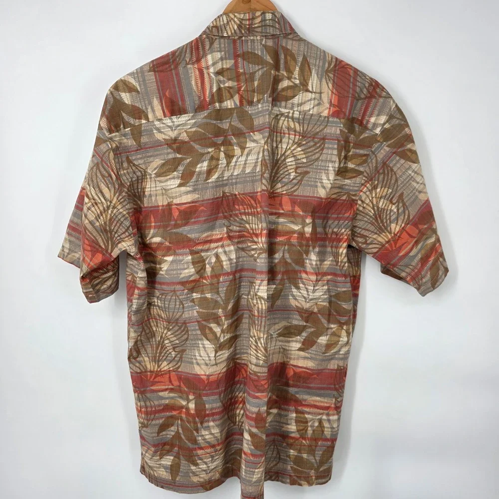 Tori Richard Men's M Cotton Lawn‎ Tropical Leaf Print Button Up Shirt Red Biege